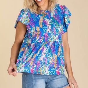 Haptics Vibrant Blue Floral Ruffle Blouse